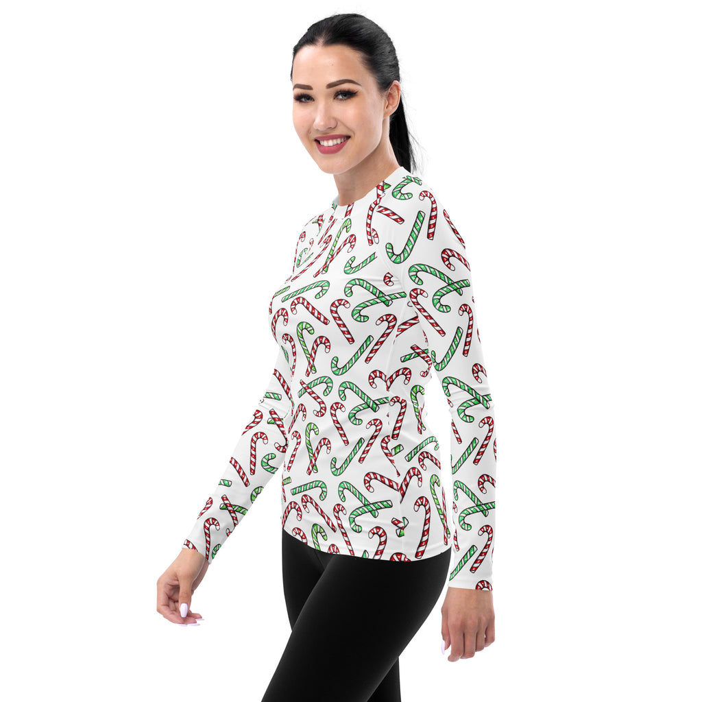 Women's Red & Green Candy Cane Long Sleeve Rash Guard Swim Shirt – Buttery Soft, Sun Safe UPF 50+ Protection, Quick Dry & 4-Way Stretch Comfort