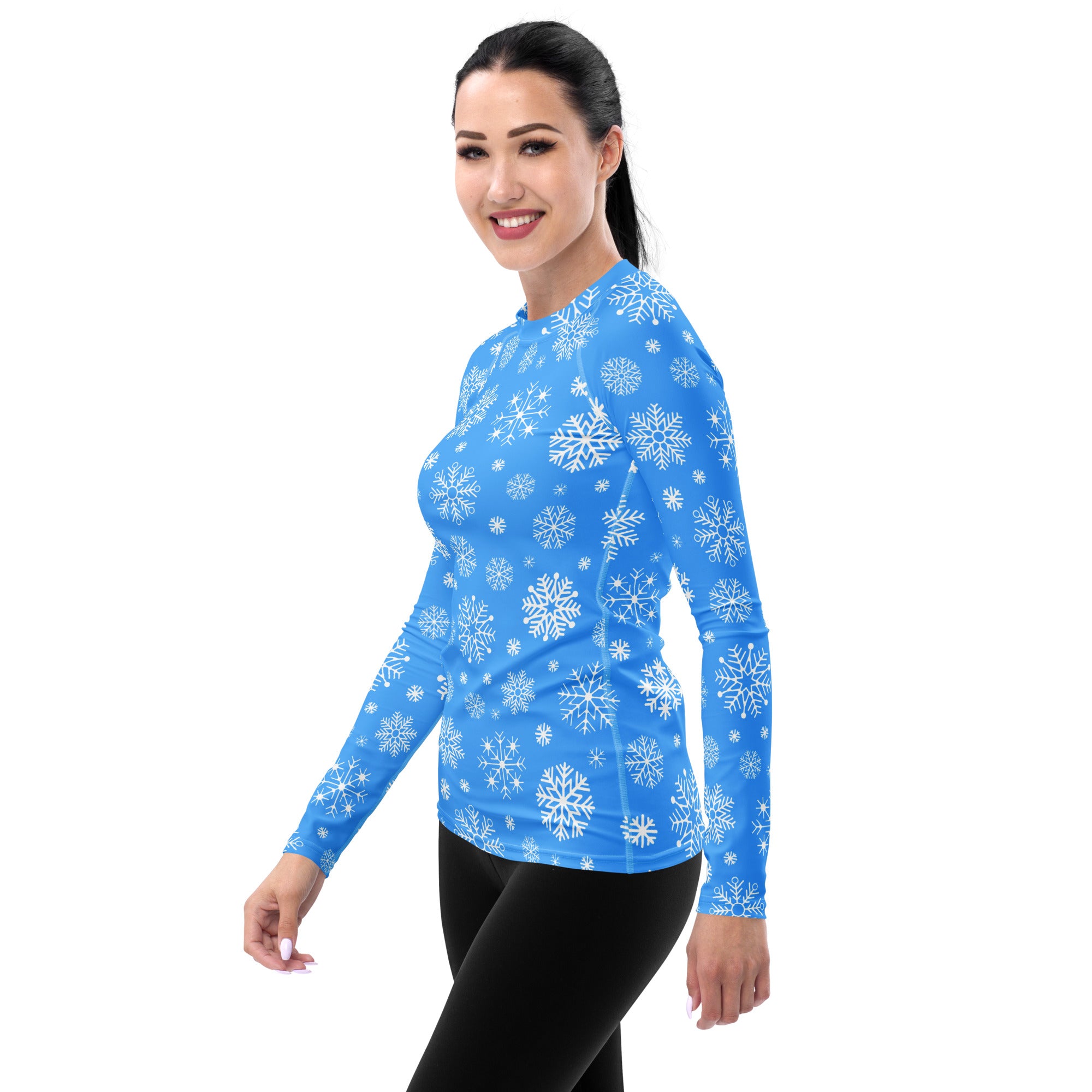 Women's Blue Snowflake Long Sleeve Rash Guard Swim Shirt – Buttery Soft, Sun Safe UPF 50+ Protection, Quick Dry & 4-Way Stretch Comfort