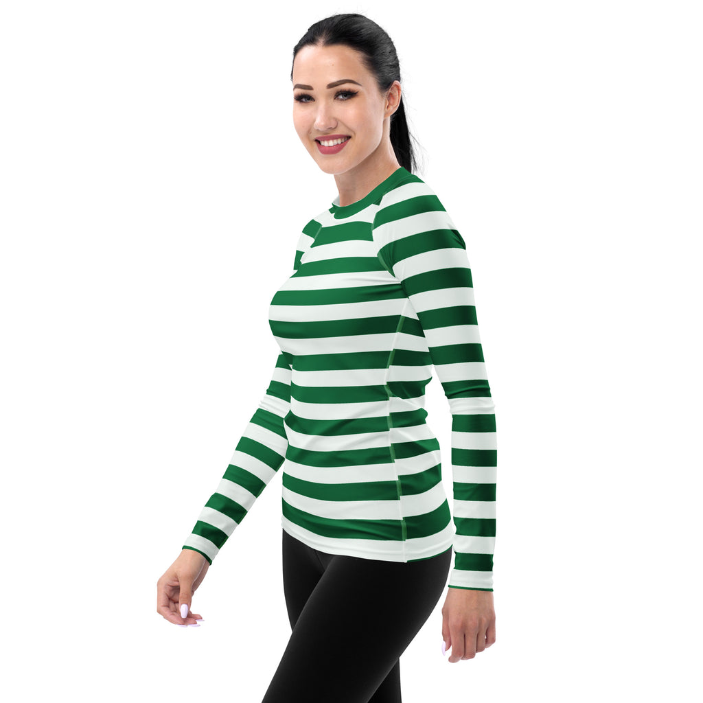 Women's Green & White Striped Long Sleeve Rash Guard Swim Shirt – Buttery Soft, Sun Safe UPF 50+ Protection, Quick Dry & 4-Way Stretch Comfort