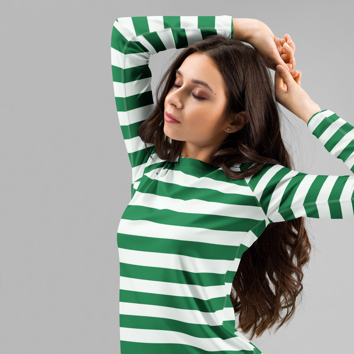 Women's Green & White Striped Long Sleeve Rash Guard Swim Shirt – Buttery Soft, Sun Safe UPF 50+ Protection, Quick Dry & 4-Way Stretch Comfort