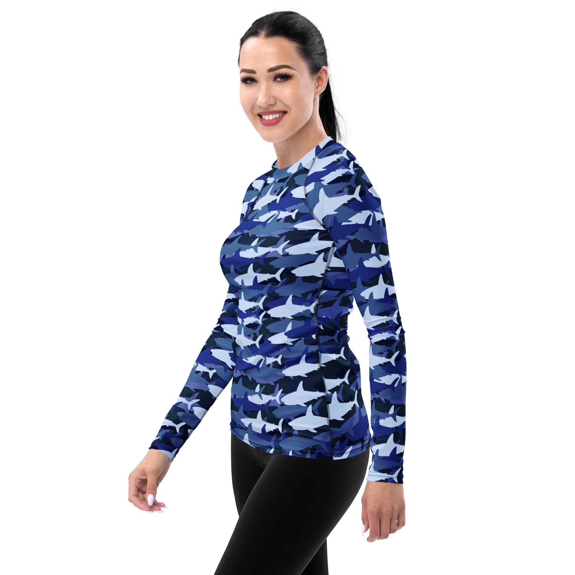 Women's Blue Shark Camouflage Long Sleeve Rash Guard Swim Shirt – Buttery Soft, Sun Safe UPF 50+ Protection, Quick Dry & 4-Way Stretch Comfort