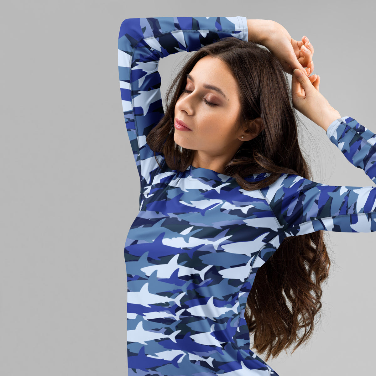 Women's Blue Shark Camouflage Long Sleeve Rash Guard Swim Shirt – Buttery Soft, Sun Safe UPF 50+ Protection, Quick Dry & 4-Way Stretch Comfort