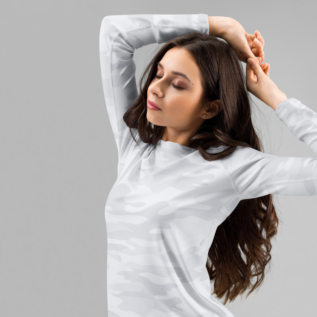 Women's White Camouflage Long Sleeve Rash Guard Swim Shirt – Buttery Soft, Sun Safe UPF 50+ Protection, Quick Dry & 4-Way Stretch Comfort