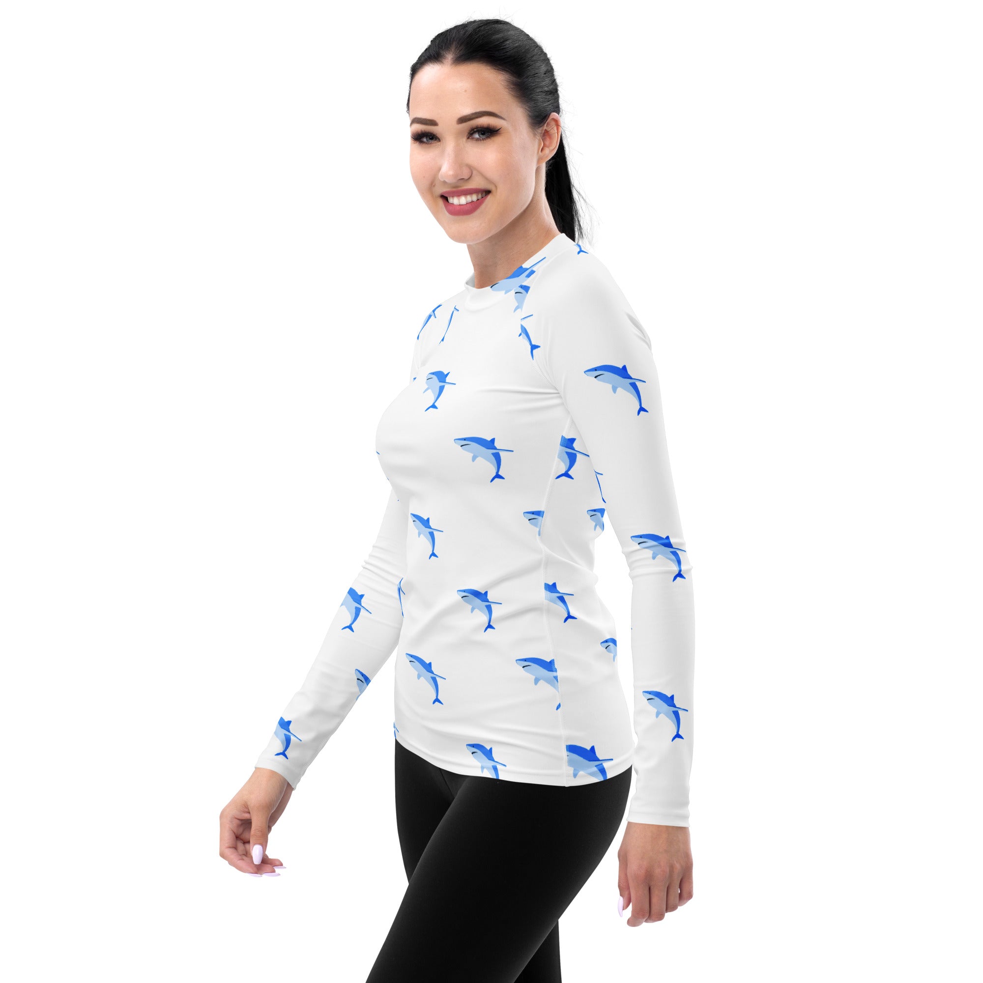 Women's Blue Shark Long Sleeve Rash Guard Swim Shirt – Buttery Soft, Sun Safe UPF 50+ Protection, Quick Dry & 4-Way Stretch Comfort