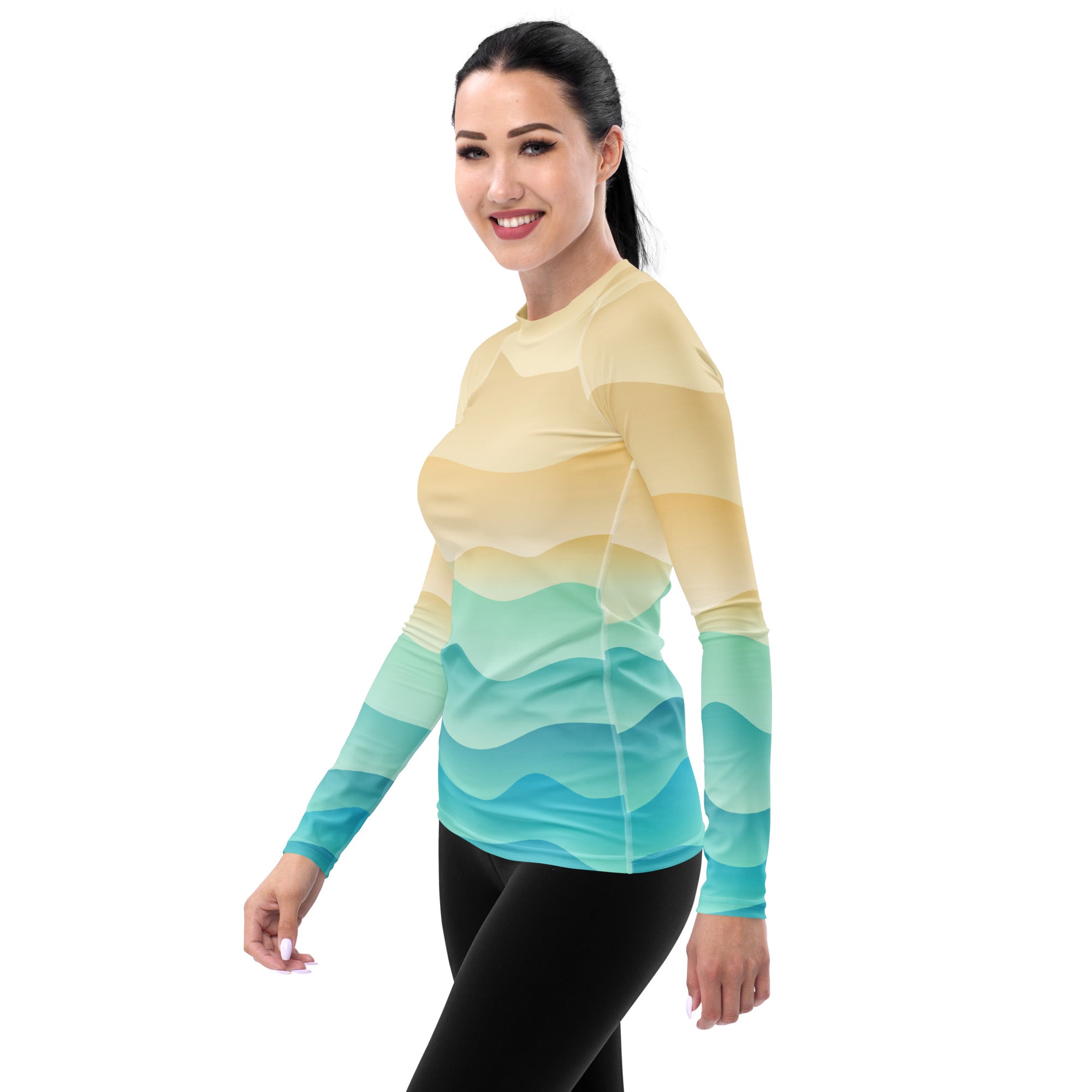 Women's Sand & Ocean Waves Long Sleeve Rash Guard Swim Shirt – Buttery Soft, Sun Safe UPF 50+ Protection, Quick Dry & 4-Way Stretch Comfort
