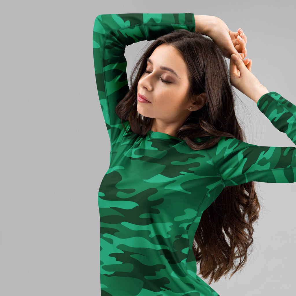 Women's Green Camouflage Long Sleeve Rash Guard Swim Shirt – Buttery Soft, Sun Safe UPF 50+ Protection, Quick Dry & 4-Way Stretch Comfort