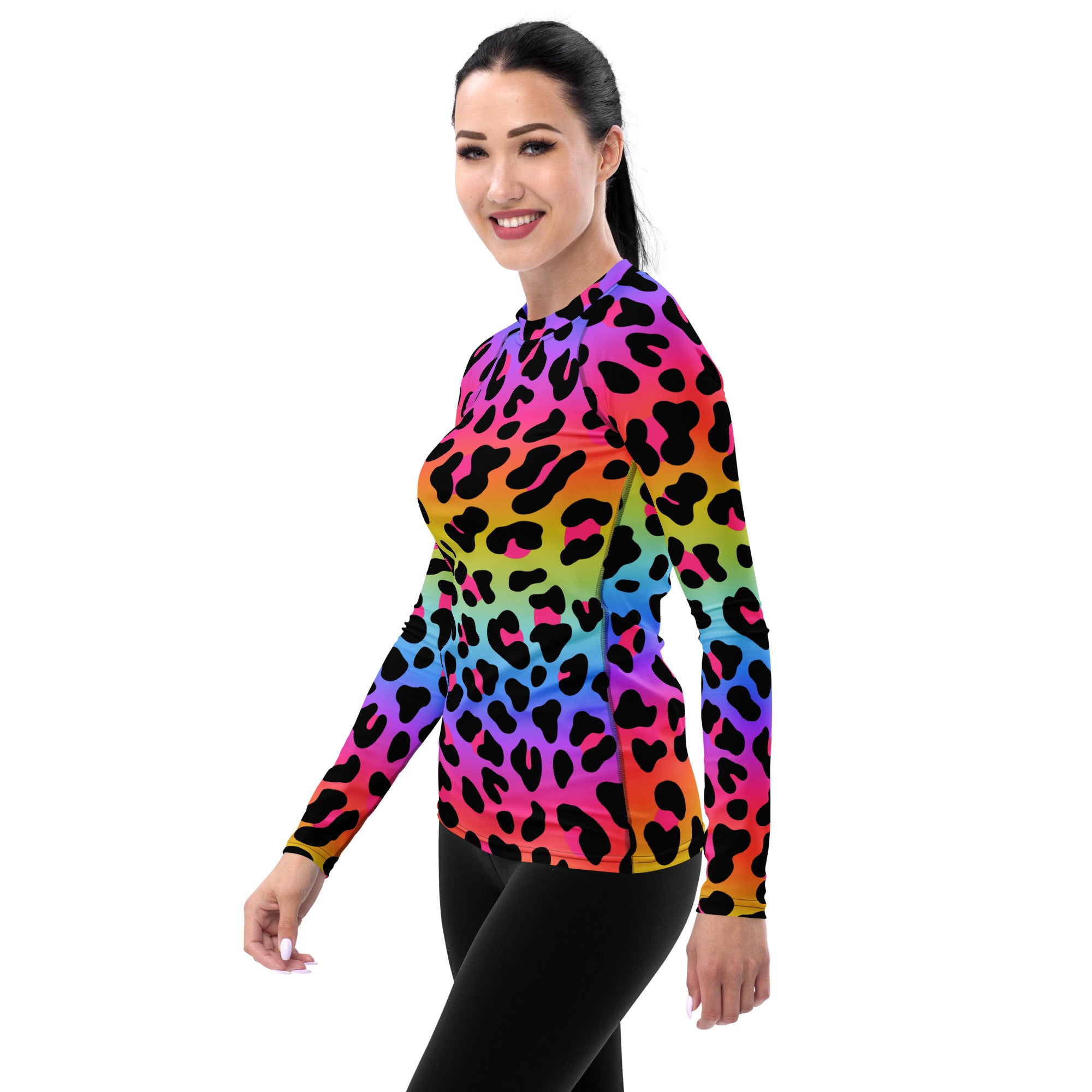 Women's Rainbow Leopard Long Sleeve Rash Guard Swim Shirt – Buttery Soft, Sun Safe UPF 50+ Protection, Quick Dry & 4-Way Stretch Comfort