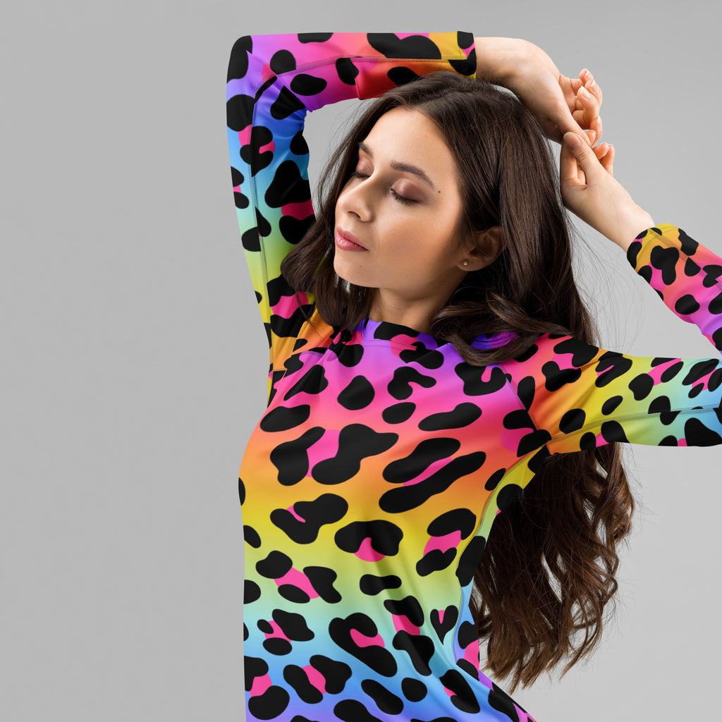 Women's Rainbow Leopard Long Sleeve Rash Guard Swim Shirt – Buttery Soft, Sun Safe UPF 50+ Protection, Quick Dry & 4-Way Stretch Comfort