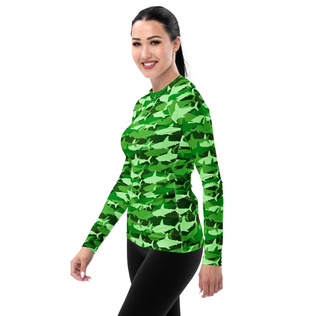 Women's Green Shark Camouflage Long Sleeve Rash Guard Swim Shirt – Buttery Soft, Sun Safe UPF 50+ Protection, Quick Dry & 4-Way Stretch Comfort