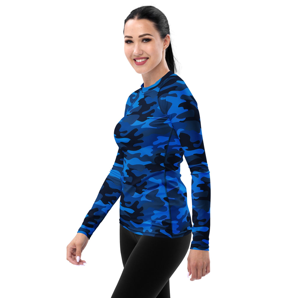Women's Blue Camouflage Long Sleeve Rash Guard Swim Shirt – Buttery Soft, Sun Safe UPF 50+ Protection, Quick Dry & 4-Way Stretch Comfort