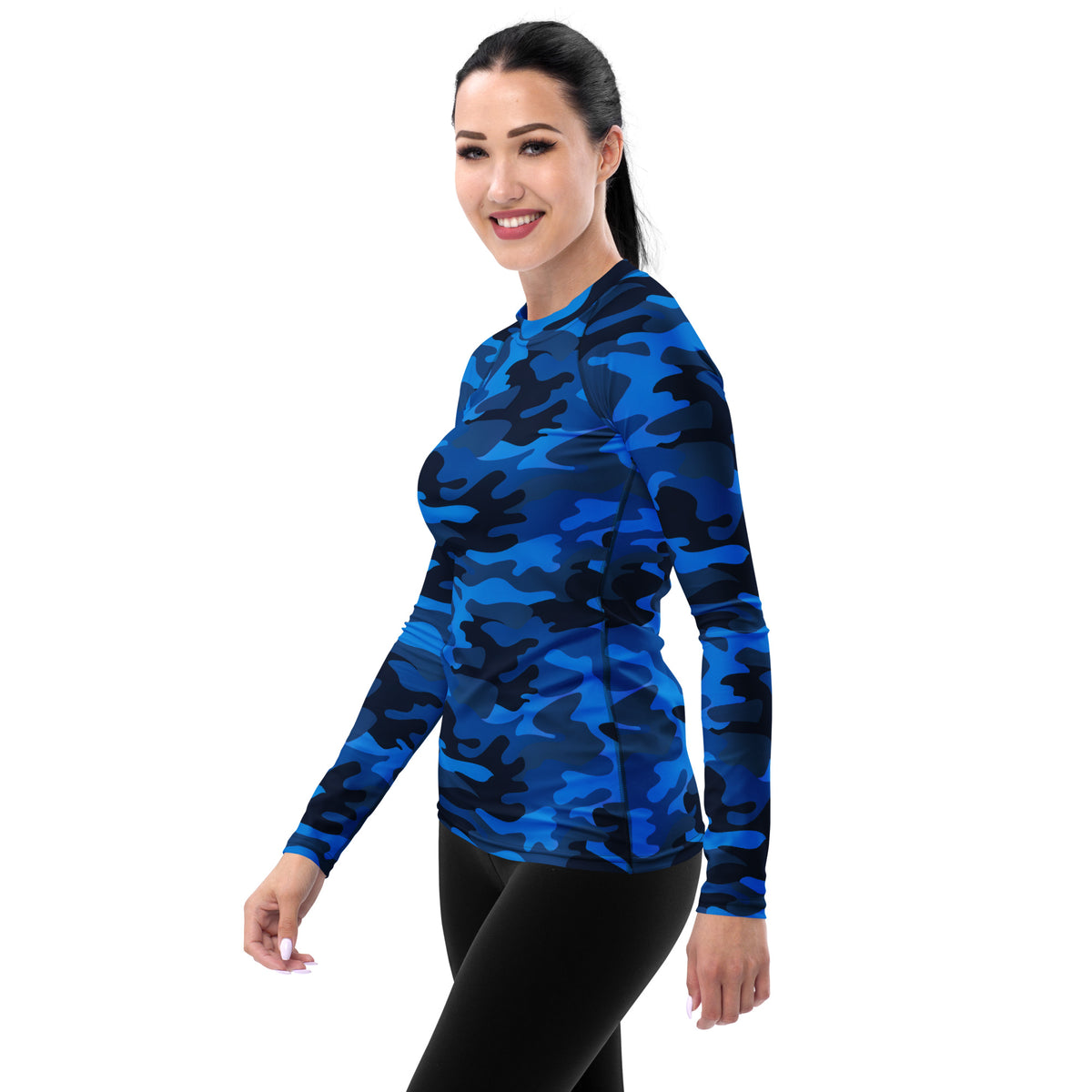 Women's Blue Camouflage Long Sleeve Rash Guard Swim Shirt – Buttery Soft, Sun Safe UPF 50+ Protection, Quick Dry & 4-Way Stretch Comfort