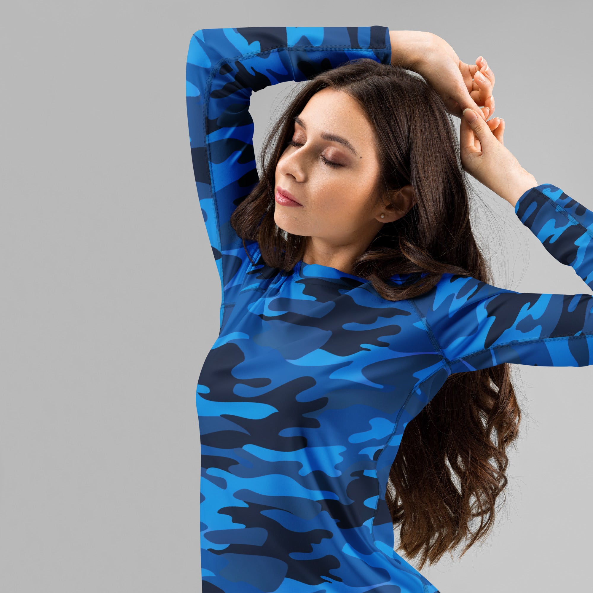 Women's Blue Camouflage Long Sleeve Rash Guard Swim Shirt – Buttery Soft, Sun Safe UPF 50+ Protection, Quick Dry & 4-Way Stretch Comfort