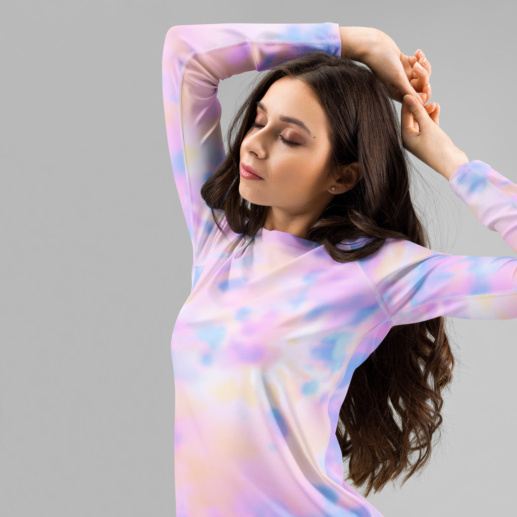 Women's Pastel Watercolor Tie Dye Long Sleeve Rash Guard Swim Shirt – Buttery Soft, Sun Safe UPF 50+ Protection, Quick Dry & 4-Way Stretch Comfort
