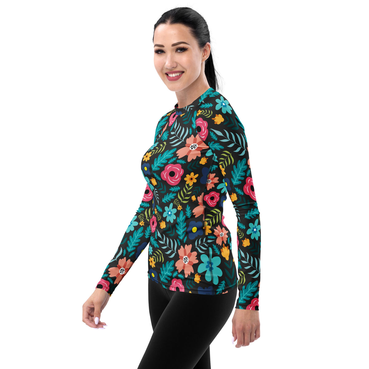 Women's Dark Green Floral Long Sleeve Rash Guard Swim Shirt – Buttery Soft, Sun Safe UPF 50+ Protection, Quick Dry & 4-Way Stretch Comfort