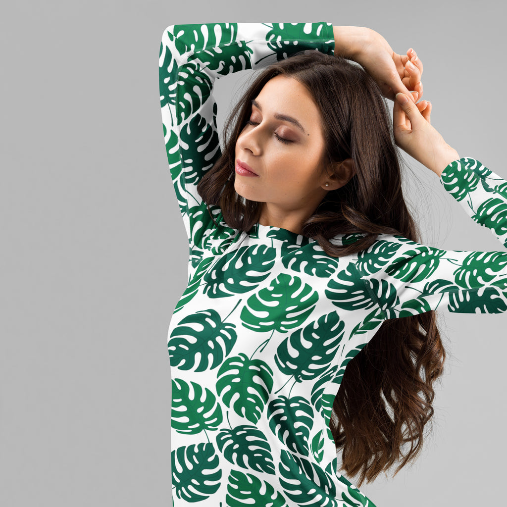 Women's Monstera Leaf Long Sleeve Rash Guard Swim Shirt – Buttery Soft, Sun Safe UPF 50+ Protection, Quick Dry & 4-Way Stretch Comfort