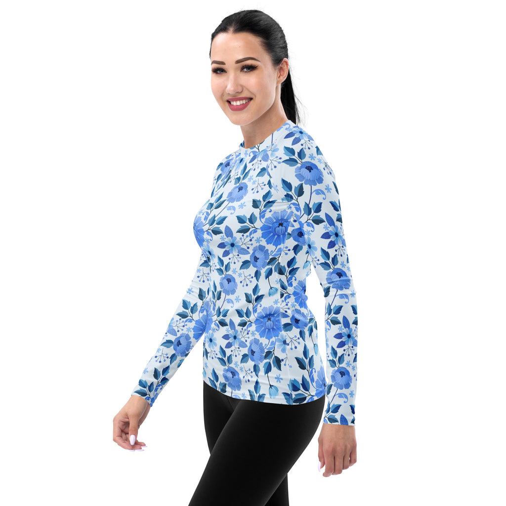 Women's Blue Floral Long Sleeve Rash Guard Swim Shirt – Buttery Soft, Sun Safe UPF 50+ Protection, Quick Dry & 4-Way Stretch Comfort