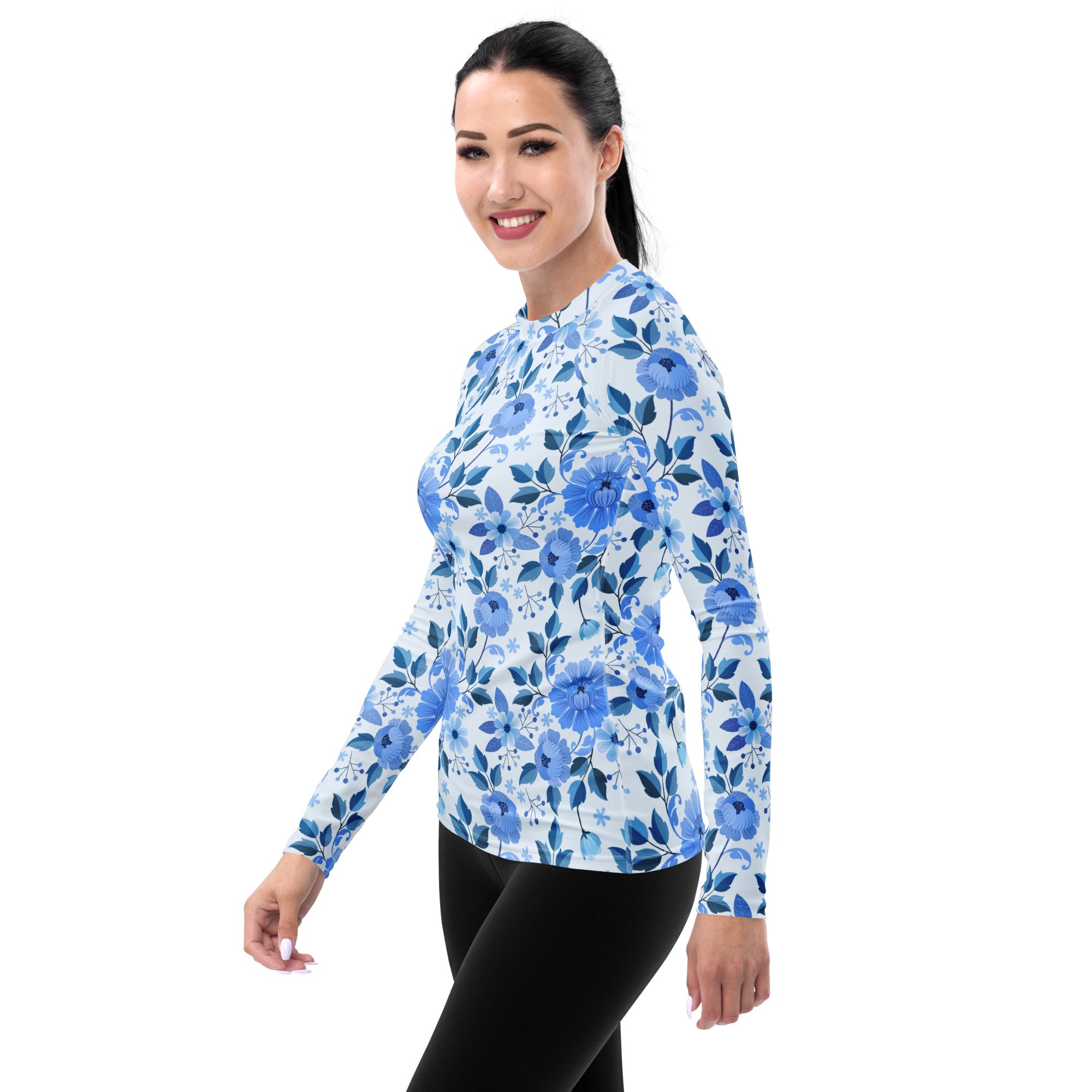 Women's Blue Floral Long Sleeve Rash Guard Swim Shirt – Buttery Soft, Sun Safe UPF 50+ Protection, Quick Dry & 4-Way Stretch Comfort