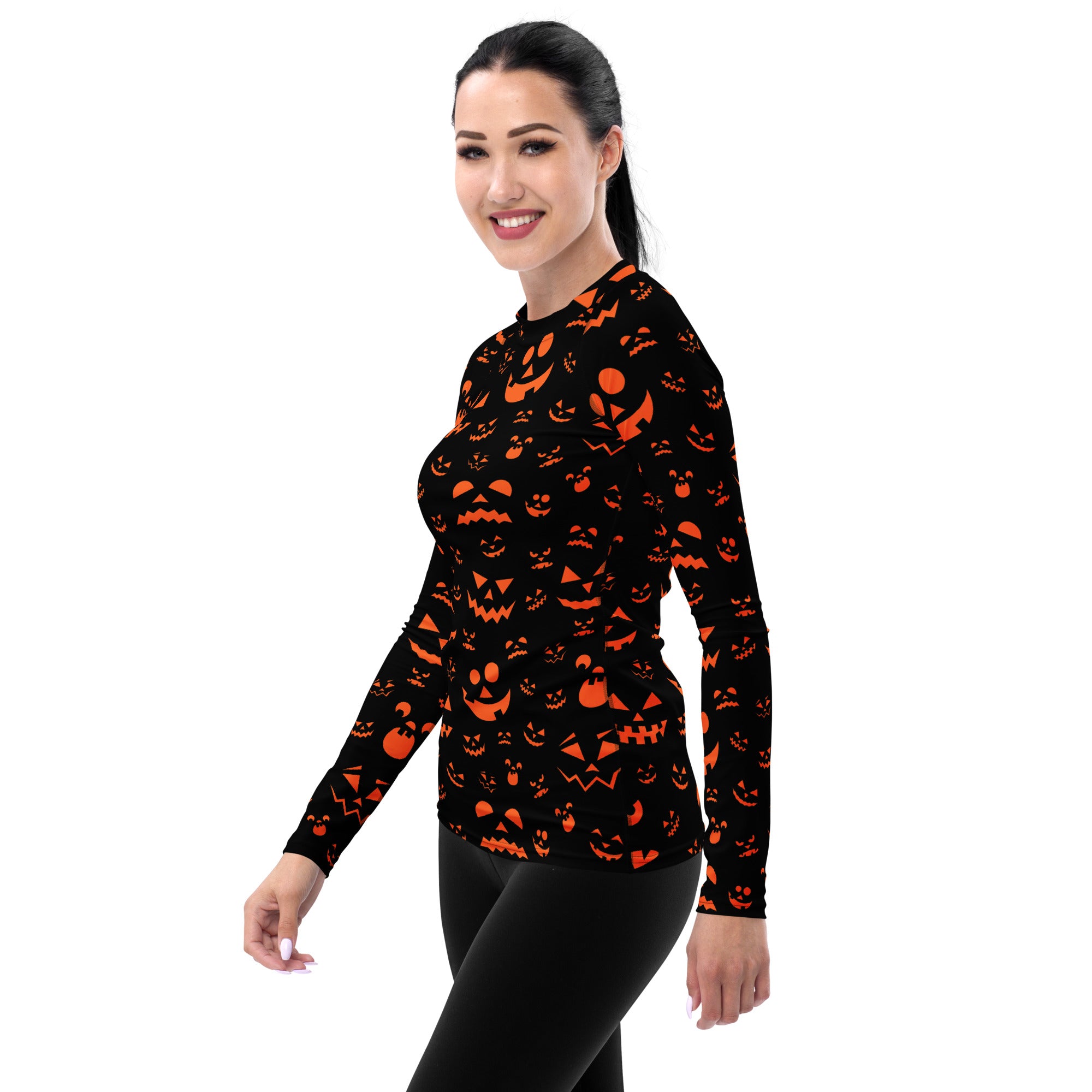 Women's Orange Jack O’ Lantern Long Sleeve Rash Guard Swim Shirt – Buttery Soft, Sun Safe UPF 50+ Protection, Quick Dry & 4-Way Stretch Comfort