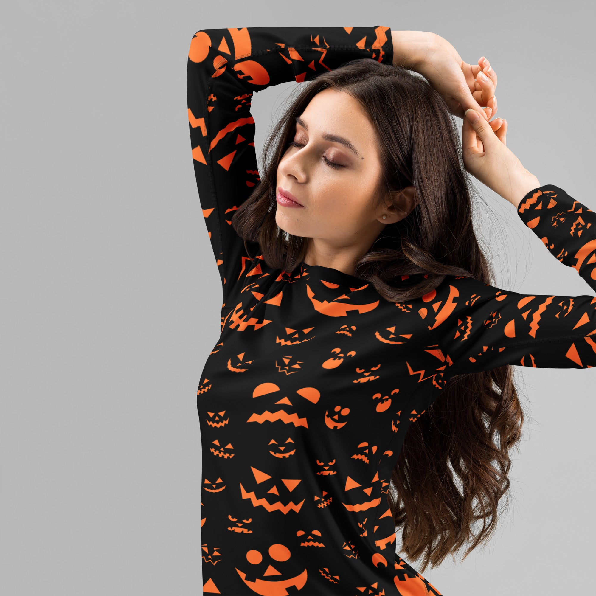 Women's Orange Jack O’ Lantern Long Sleeve Rash Guard Swim Shirt – Buttery Soft, Sun Safe UPF 50+ Protection, Quick Dry & 4-Way Stretch Comfort