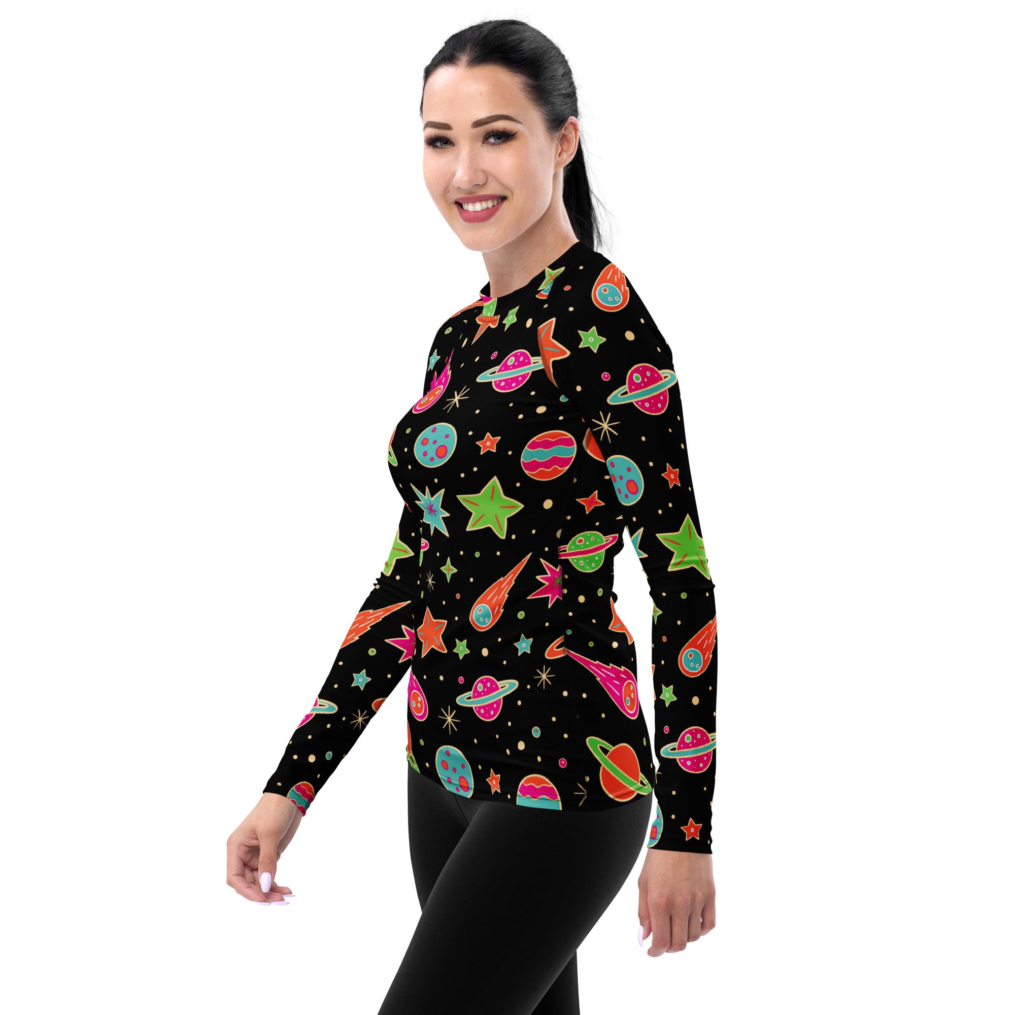 Women's Retro Neon Space Long Sleeve Rash Guard Swim Shirt – Buttery Soft, Sun Safe UPF 50+ Protection, Quick Dry & 4-Way Stretch Comfort
