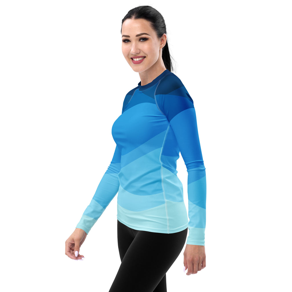 Women's Blue Ocean Waves Long Sleeve Rash Guard Swim Shirt – Buttery Soft, Sun Safe UPF 50+ Protection, Quick Dry & 4-Way Stretch Comfort