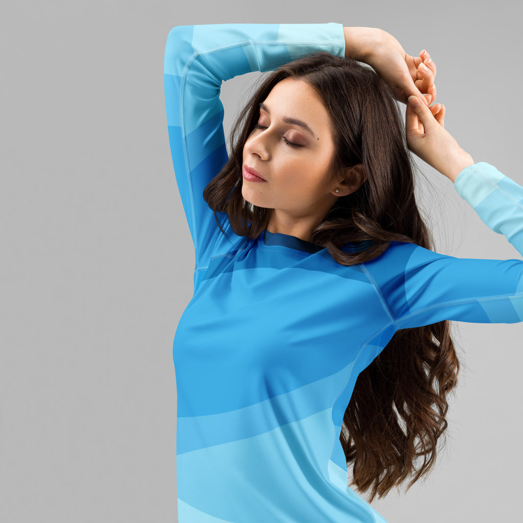 Women's Blue Ocean Waves Long Sleeve Rash Guard Swim Shirt – Buttery Soft, Sun Safe UPF 50+ Protection, Quick Dry & 4-Way Stretch Comfort