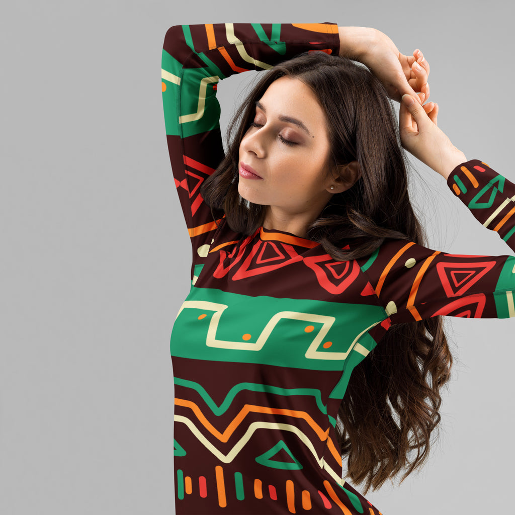 Women's Tribal Geometric Long Sleeve Rash Guard Swim Shirt – Buttery Soft, Sun Safe UPF 50+ Protection, Quick Dry & 4-Way Stretch Comfort