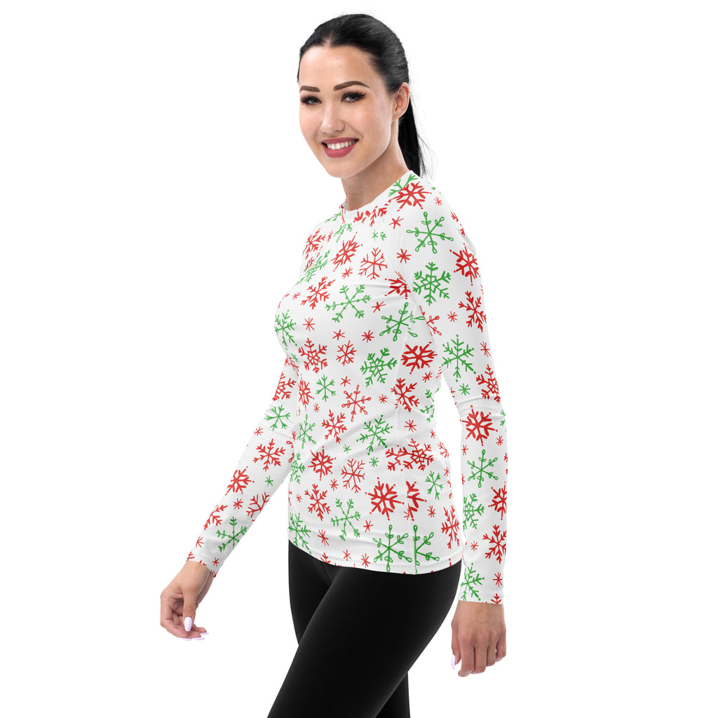 Women's Red & Green Snowflakes Long Sleeve Rash Guard Swim Shirt – Buttery Soft, Sun Safe UPF 50+ Protection, Quick Dry & 4-Way Stretch Comfort