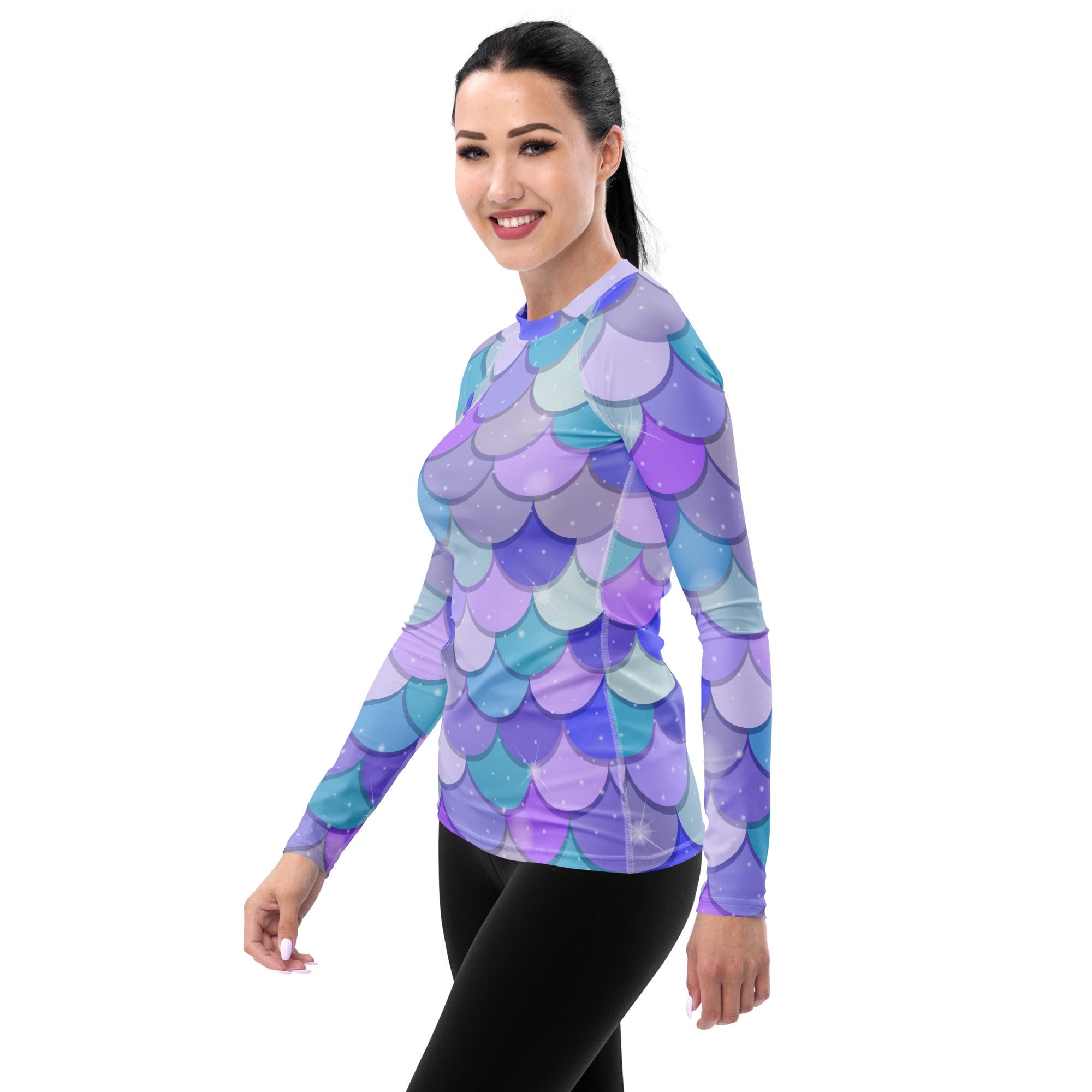 Women's Pastel Mermaid Scales Long Sleeve Rash Guard Swim Shirt – Buttery Soft, Sun Safe UPF 50+ Protection, Quick Dry & 4-Way Stretch Comfort