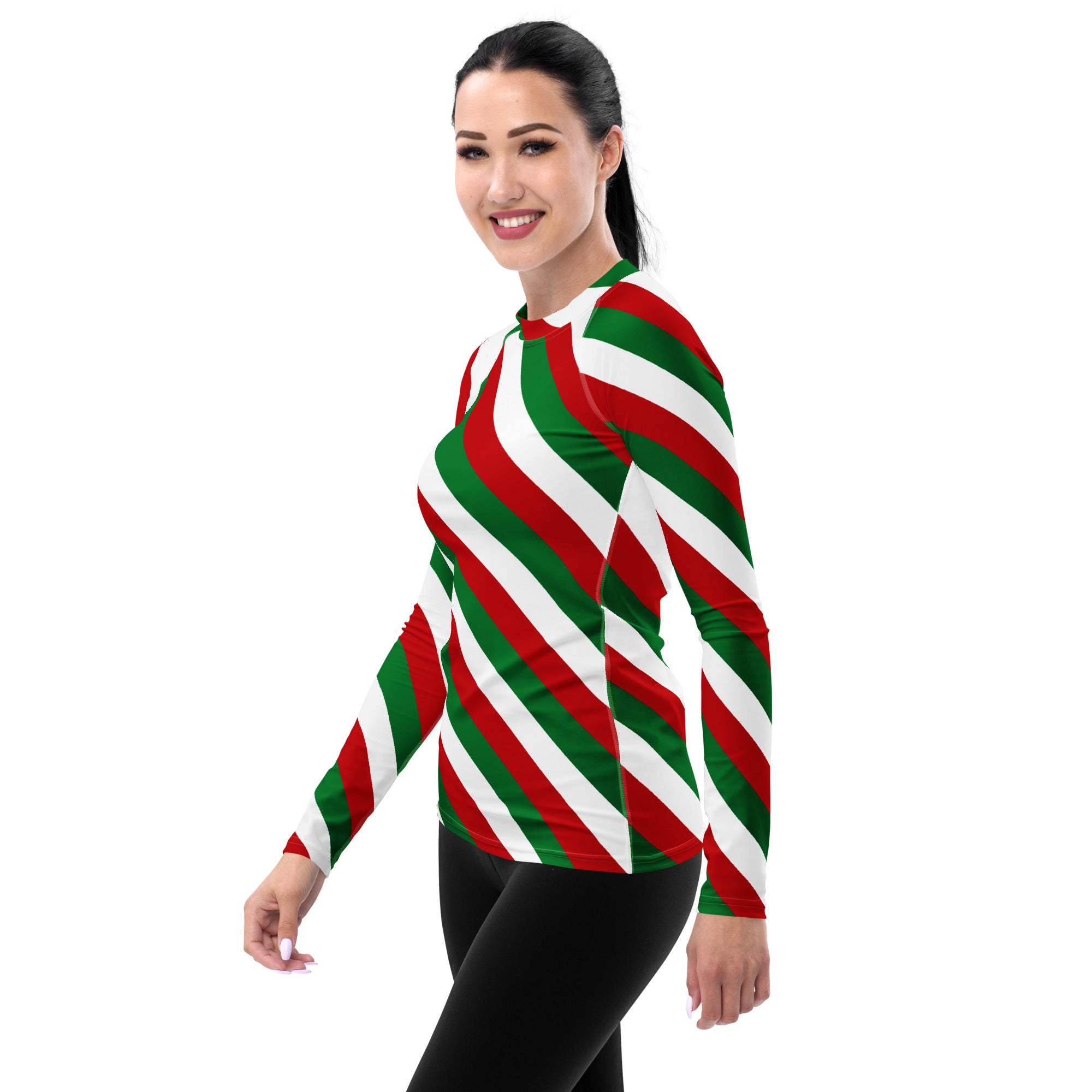 Women's Christmas Candy Cane Stripe Long Sleeve Rash Guard Swim Shirt – Buttery Soft, Sun Safe UPF 50+ Protection, Quick Dry & 4-Way Stretch Comfort