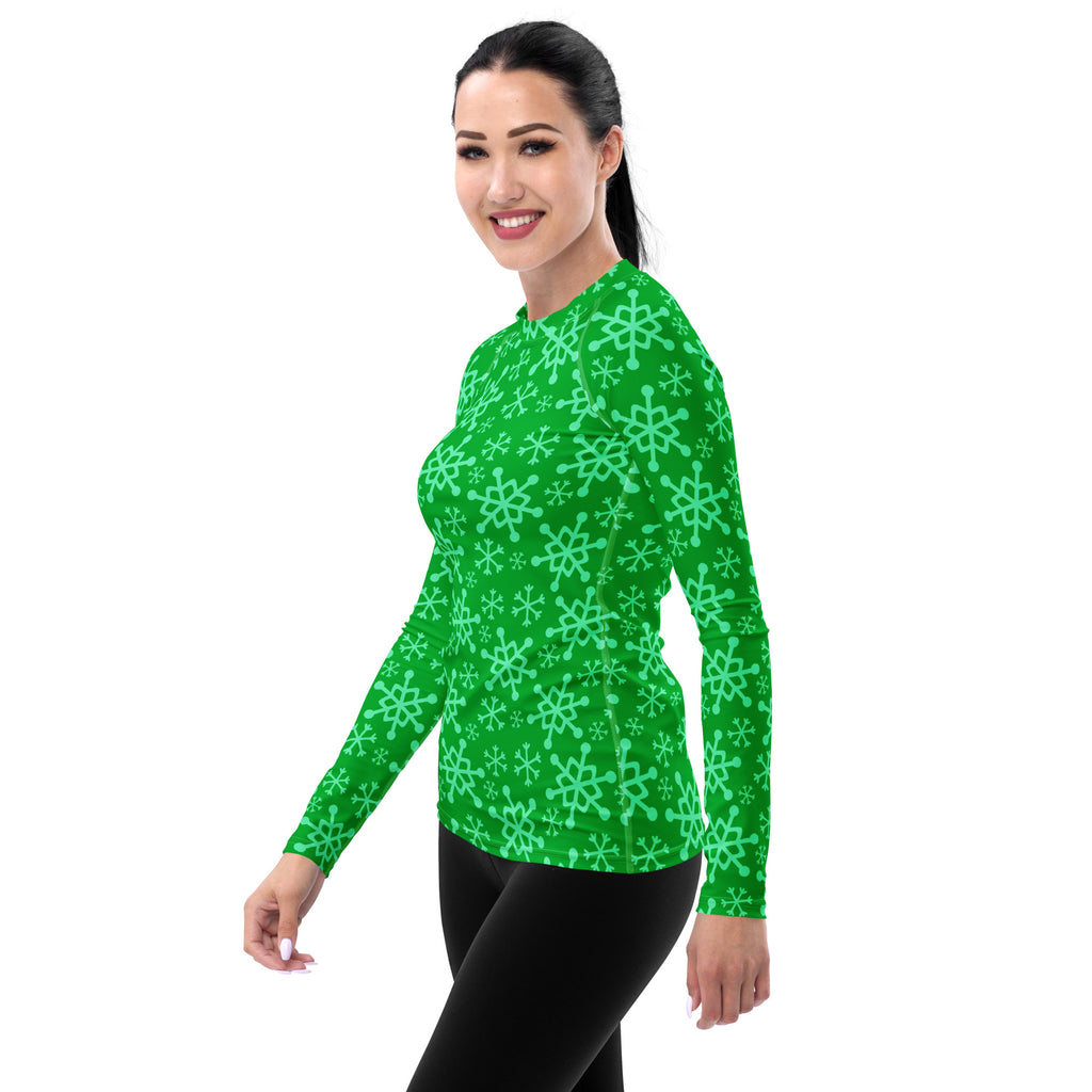 Women's Green Christmas Snowflake Long Sleeve Rash Guard Swim Shirt – Buttery Soft, Sun Safe UPF 50+ Protection, Quick Dry & 4-Way Stretch Comfort