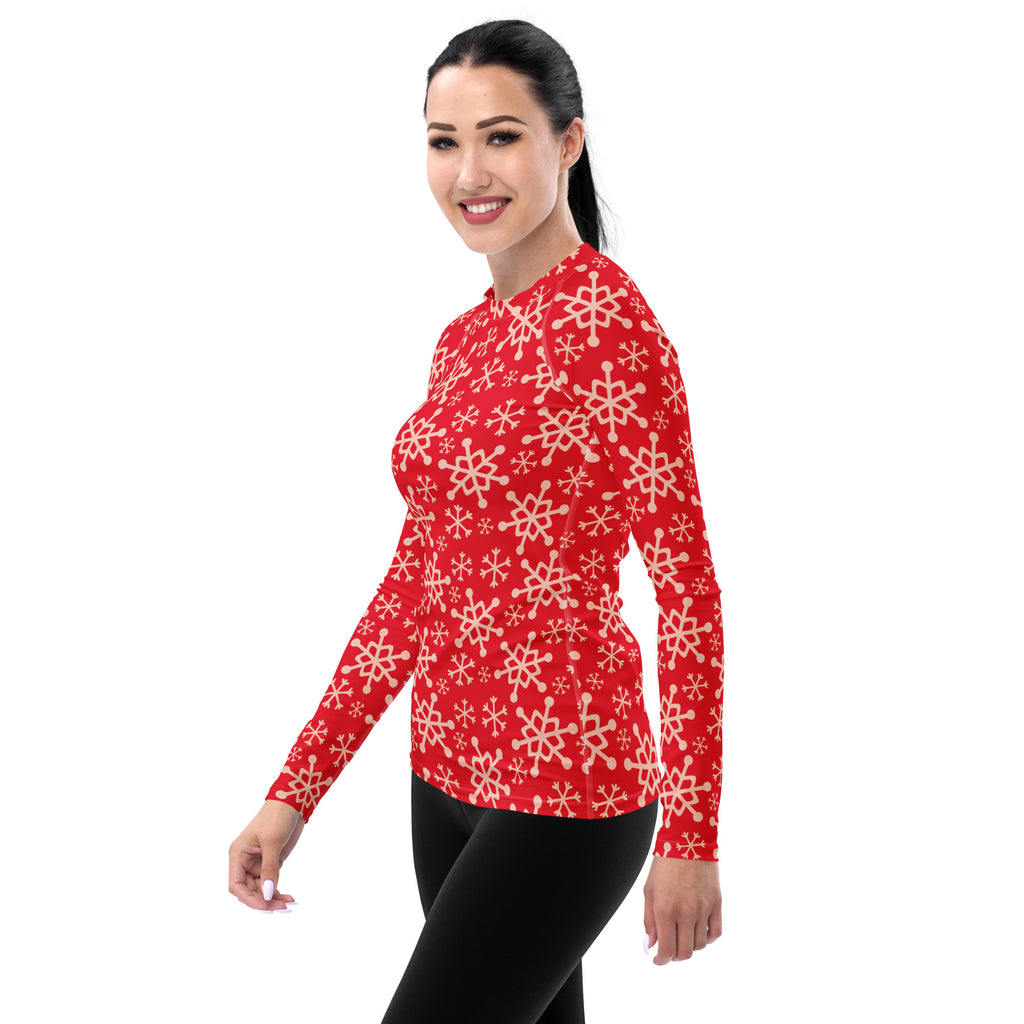 Women's Red Christmas Snowflake Long Sleeve Rash Guard Swim Shirt – Buttery Soft, Sun Safe UPF 50+ Protection, Quick Dry & 4-Way Stretch Comfort