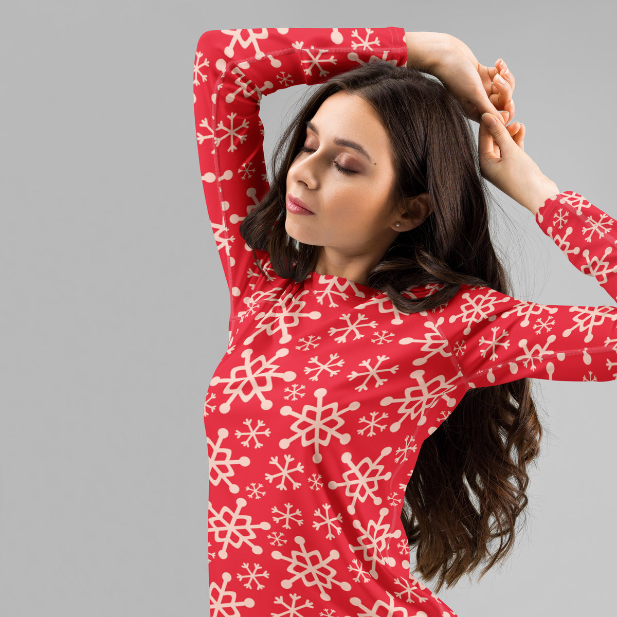Women's Red Christmas Snowflake Long Sleeve Rash Guard Swim Shirt – Buttery Soft, Sun Safe UPF 50+ Protection, Quick Dry & 4-Way Stretch Comfort