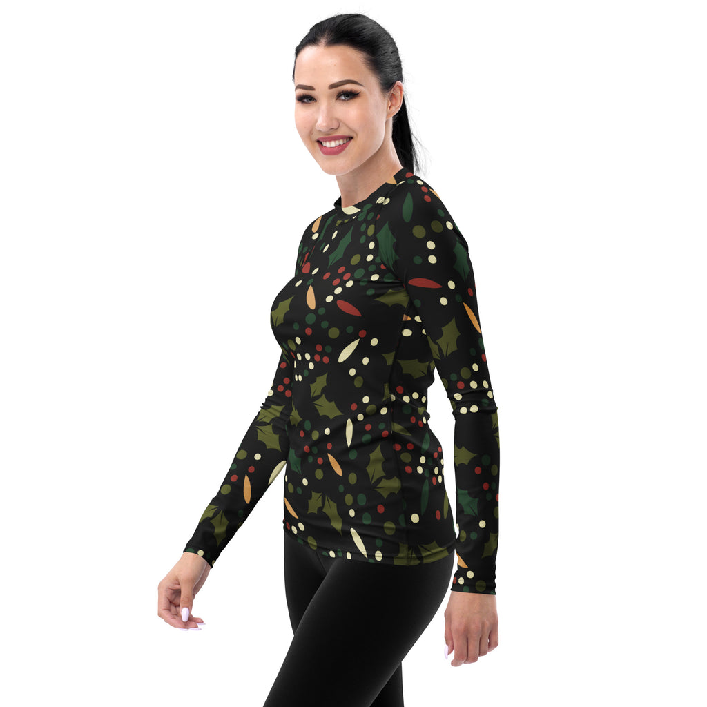 Women's Christmas Holly Berry Long Sleeve Rash Guard Swim Shirt – Buttery Soft, Sun Safe UPF 50+ Protection, Quick Dry & 4-Way Stretch Comfort