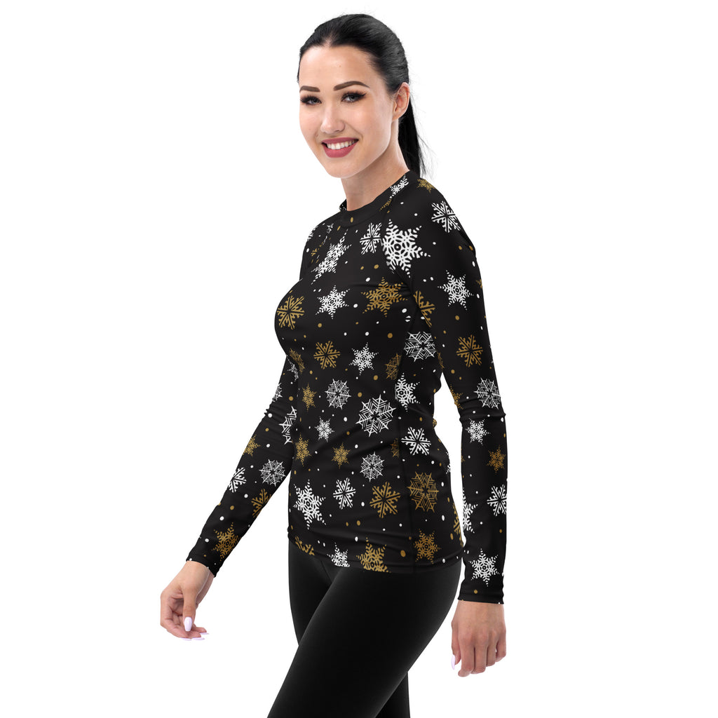 Women's Black & Gold Snowflake Long Sleeve Rash Guard Swim Shirt – Buttery Soft, Sun Safe UPF 50+ Protection, Quick Dry & 4-Way Stretch Comfort