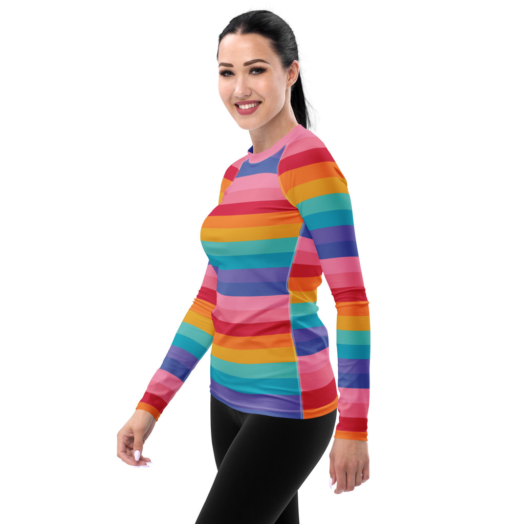 Women's Bright Striped Rainbow Long Sleeve Rash Guard Swim Shirt – Buttery Soft, Sun Safe UPF 50+ Protection, Quick Dry & 4-Way Stretch Comfort