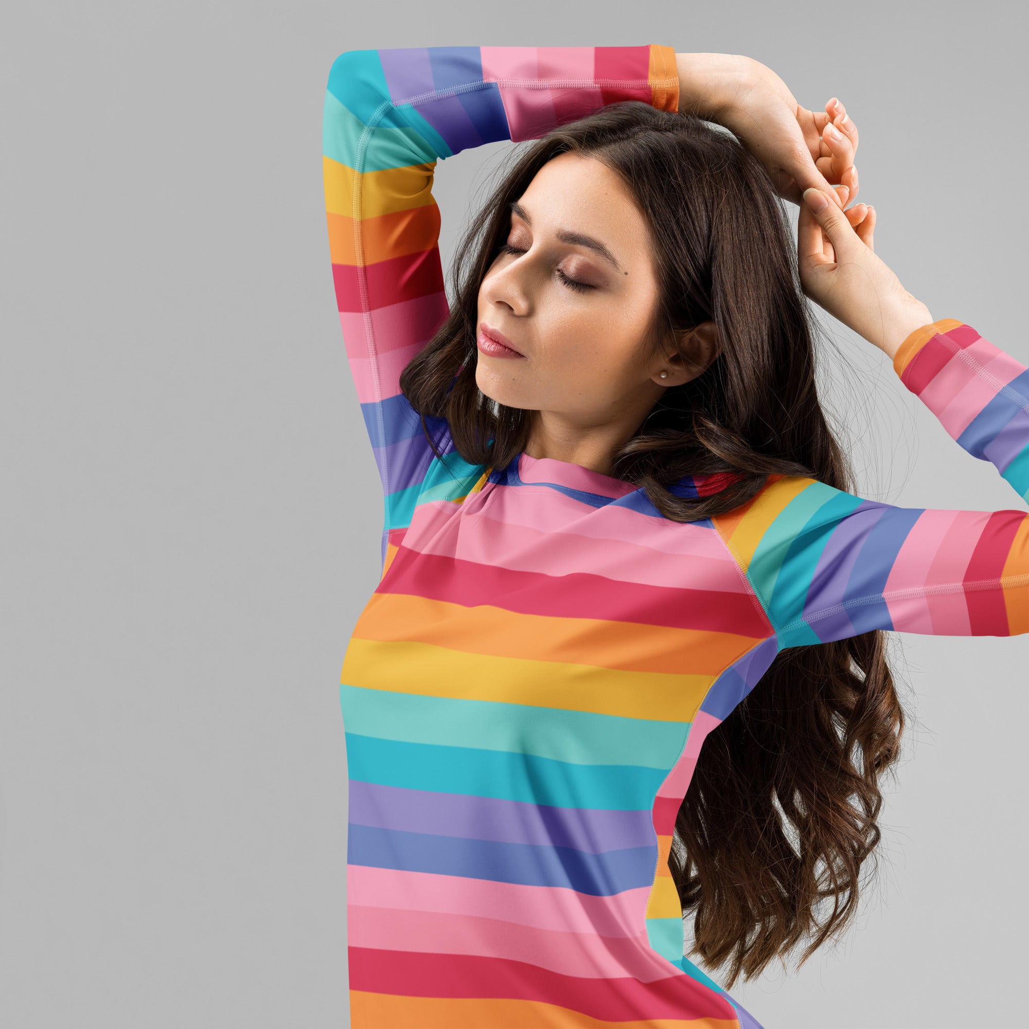 Women's Bright Striped Rainbow Long Sleeve Rash Guard Swim Shirt – Buttery Soft, Sun Safe UPF 50+ Protection, Quick Dry & 4-Way Stretch Comfort