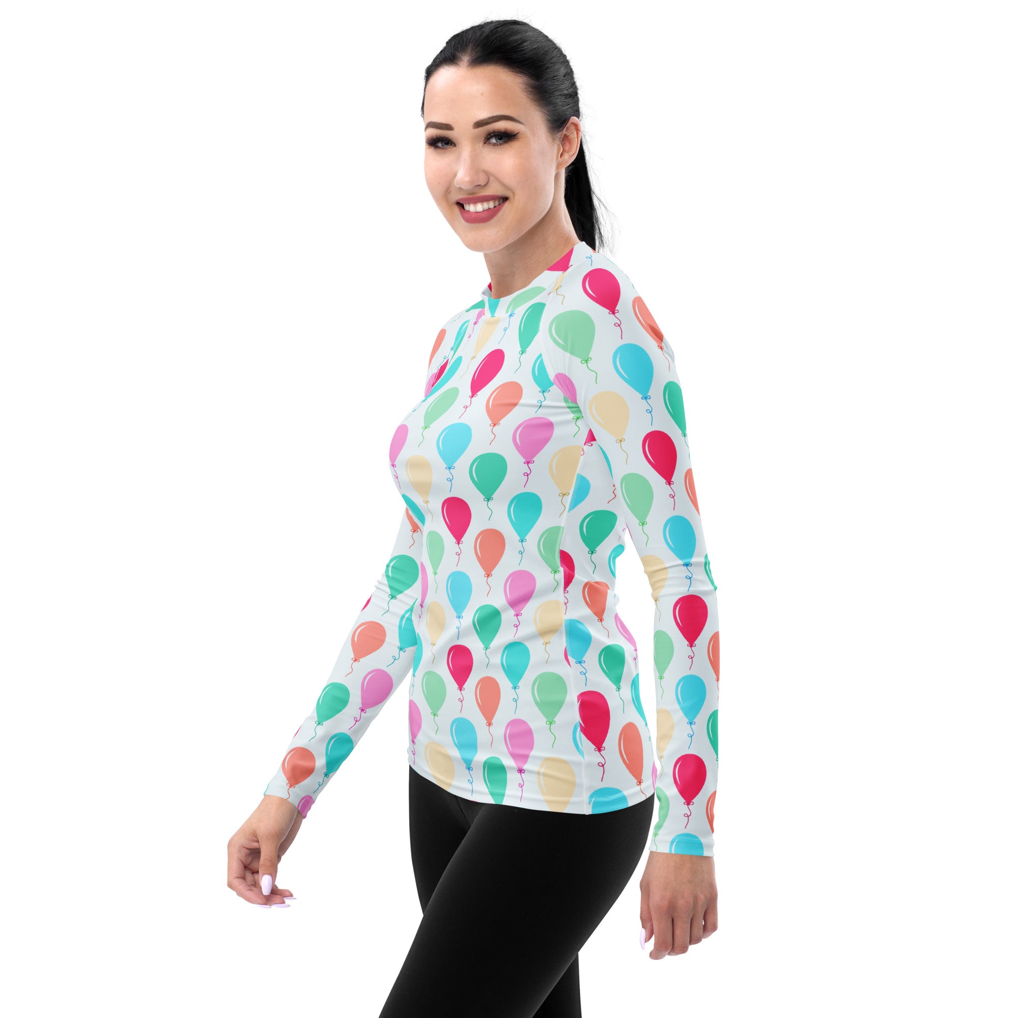 Women's Rainbow Birthday Balloons Long Sleeve Rash Guard Swim Shirt – Buttery Soft, Sun Safe UPF 50+ Protection, Quick Dry & 4-Way Stretch Comfort