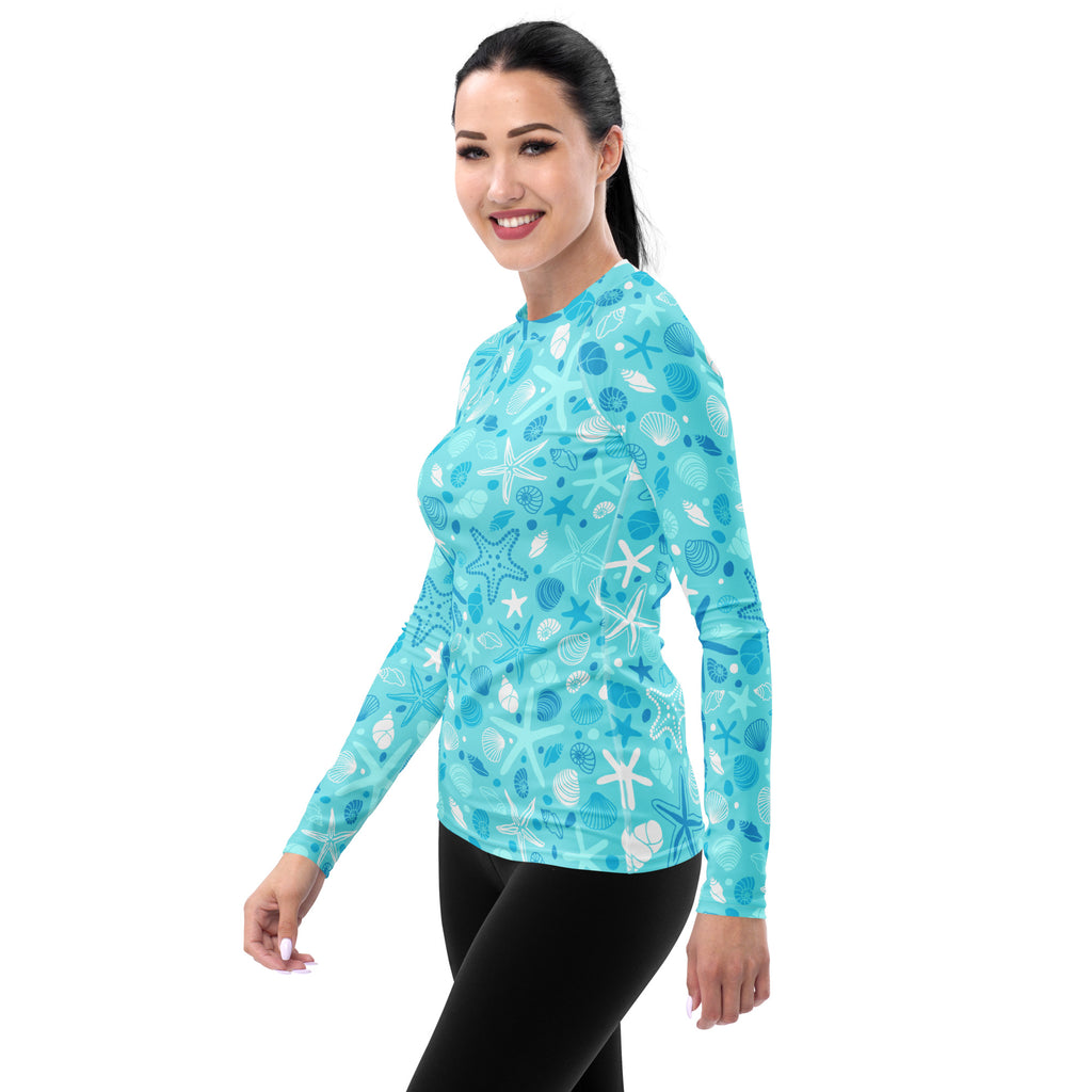 Women's Starfish & Shells Long Sleeve Rash Guard Swim Shirt – Buttery Soft, Sun Safe UPF 50+ Protection, Quick Dry & 4-Way Stretch Comfort
