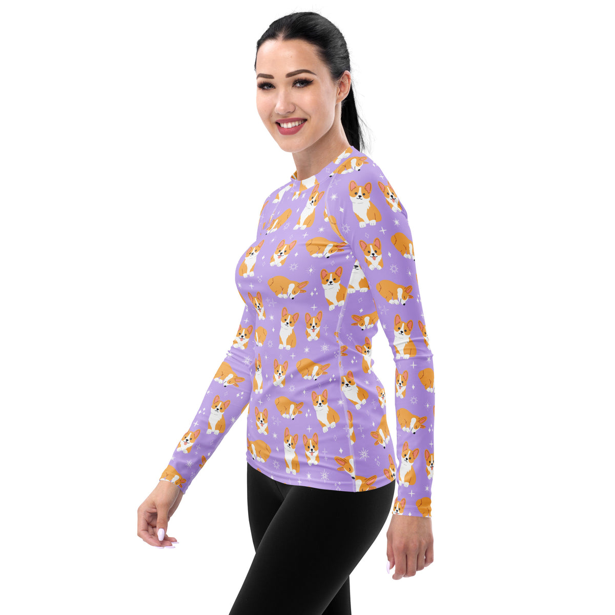 Women's Purple Corgi Dog Long Sleeve Rash Guard Swim Shirt – Buttery Soft, Sun Safe UPF 50+ Protection, Quick Dry & 4-Way Stretch Comfort
