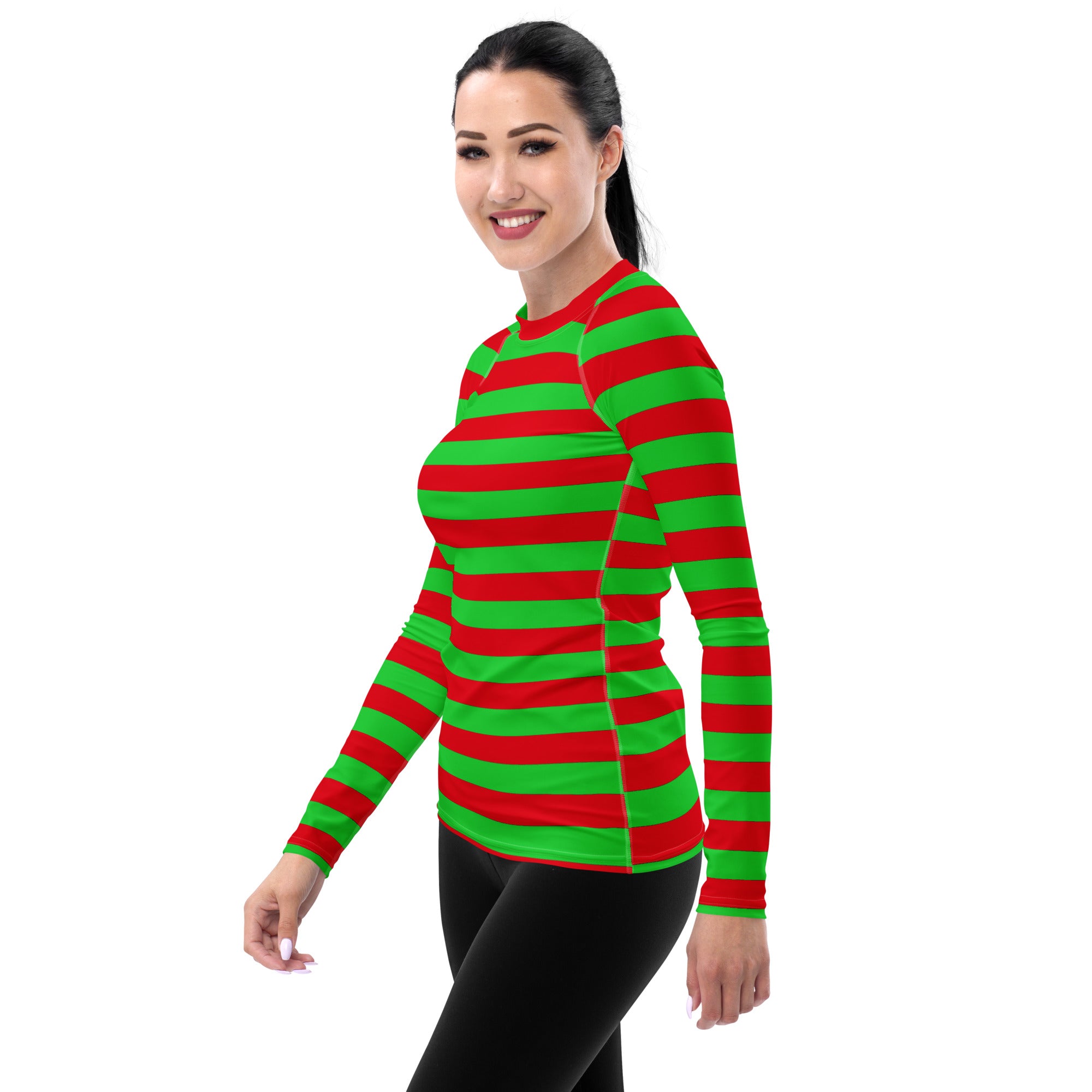 Women's Red & Green Striped Christmas Long Sleeve Rash Guard Swim Shirt – Buttery Soft, Sun Safe UPF 50+ Protection, Quick Dry & 4-Way Stretch Comfort