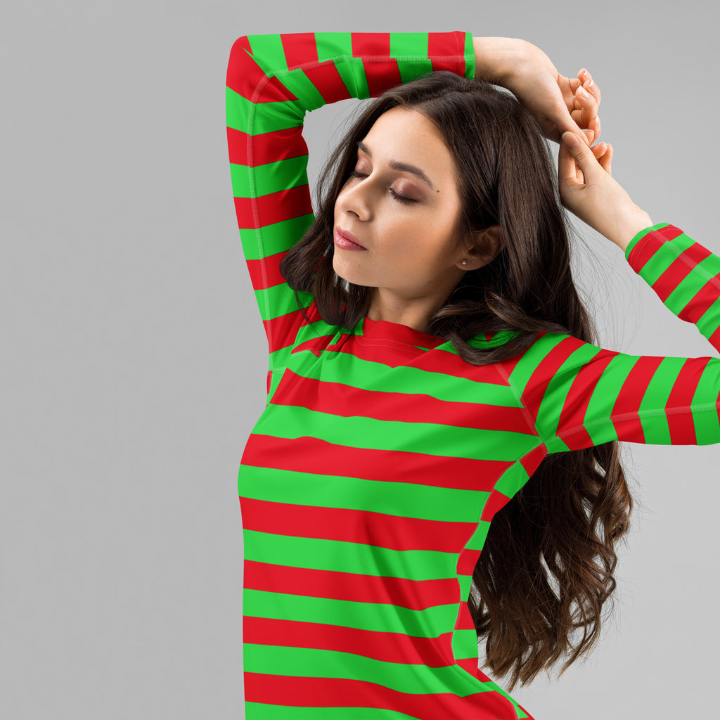 Women's Red & Green Striped Christmas Long Sleeve Rash Guard Swim Shirt – Buttery Soft, Sun Safe UPF 50+ Protection, Quick Dry & 4-Way Stretch Comfort