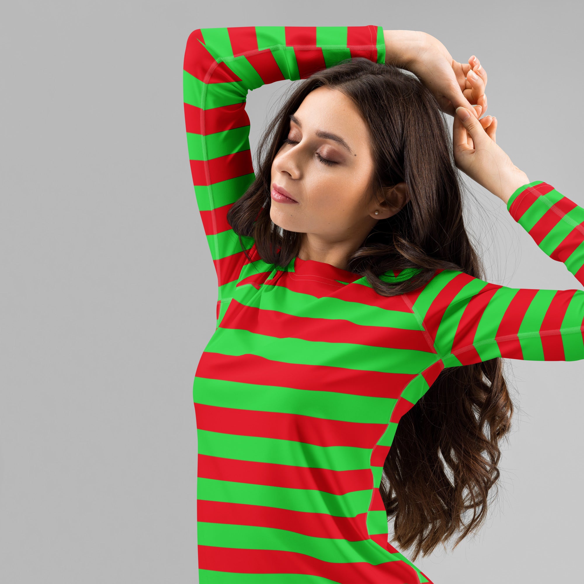 Women's Red & Green Striped Christmas Long Sleeve Rash Guard Swim Shirt – Buttery Soft, Sun Safe UPF 50+ Protection, Quick Dry & 4-Way Stretch Comfort