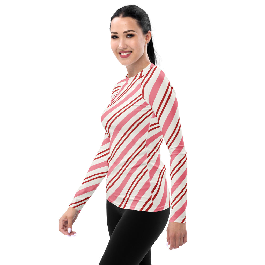 Women's Pink Candy Cane Stripe Long Sleeve Rash Guard Swim Shirt – Buttery Soft, Sun Safe UPF 50+ Protection, Quick Dry & 4-Way Stretch Comfort