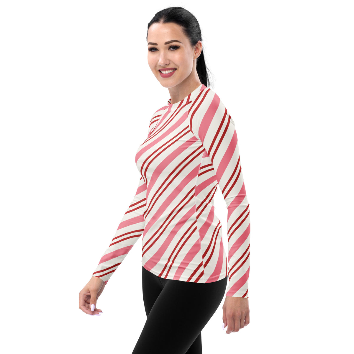 Women's Pink Candy Cane Stripe Long Sleeve Rash Guard Swim Shirt – Buttery Soft, Sun Safe UPF 50+ Protection, Quick Dry & 4-Way Stretch Comfort