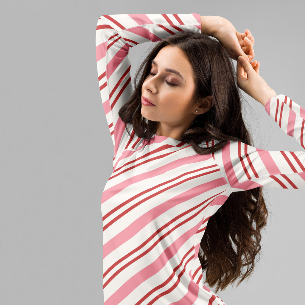 Women's Pink Candy Cane Stripe Long Sleeve Rash Guard Swim Shirt – Buttery Soft, Sun Safe UPF 50+ Protection, Quick Dry & 4-Way Stretch Comfort