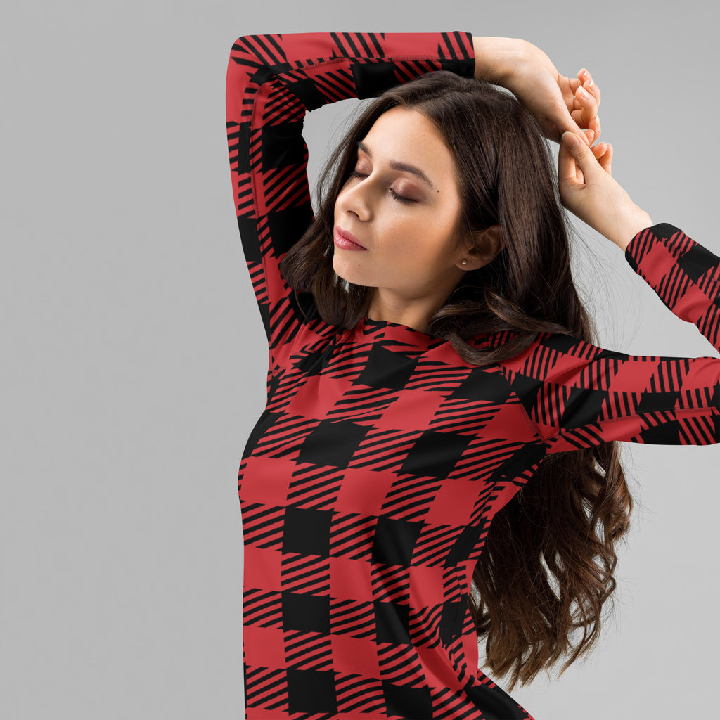 Women's Red & Black Buffalo Plaid Christmas Long Sleeve Rash Guard Swim Shirt – Buttery Soft, Sun Safe UPF 50+ Protection, Quick Dry & 4-Way Stretch Comfort