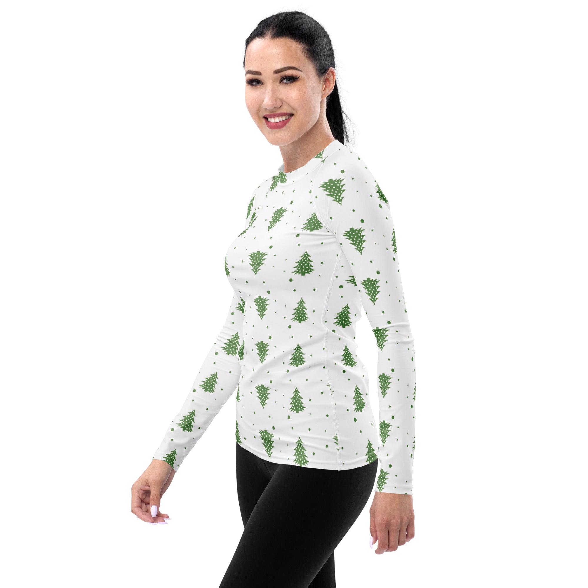 Women's Green Christmas Tree Long Sleeve Rash Guard Swim Shirt – Buttery Soft, Sun Safe UPF 50+ Protection, Quick Dry & 4-Way Stretch Comfort
