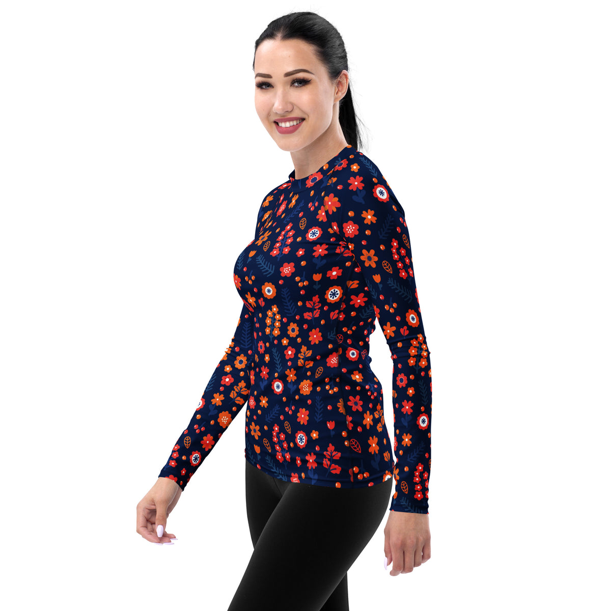 Women's Navy Floral Long Sleeve Rash Guard Swim Shirt – Buttery Soft, Sun Safe UPF 50+ Protection, Quick Dry & 4-Way Stretch Comfort