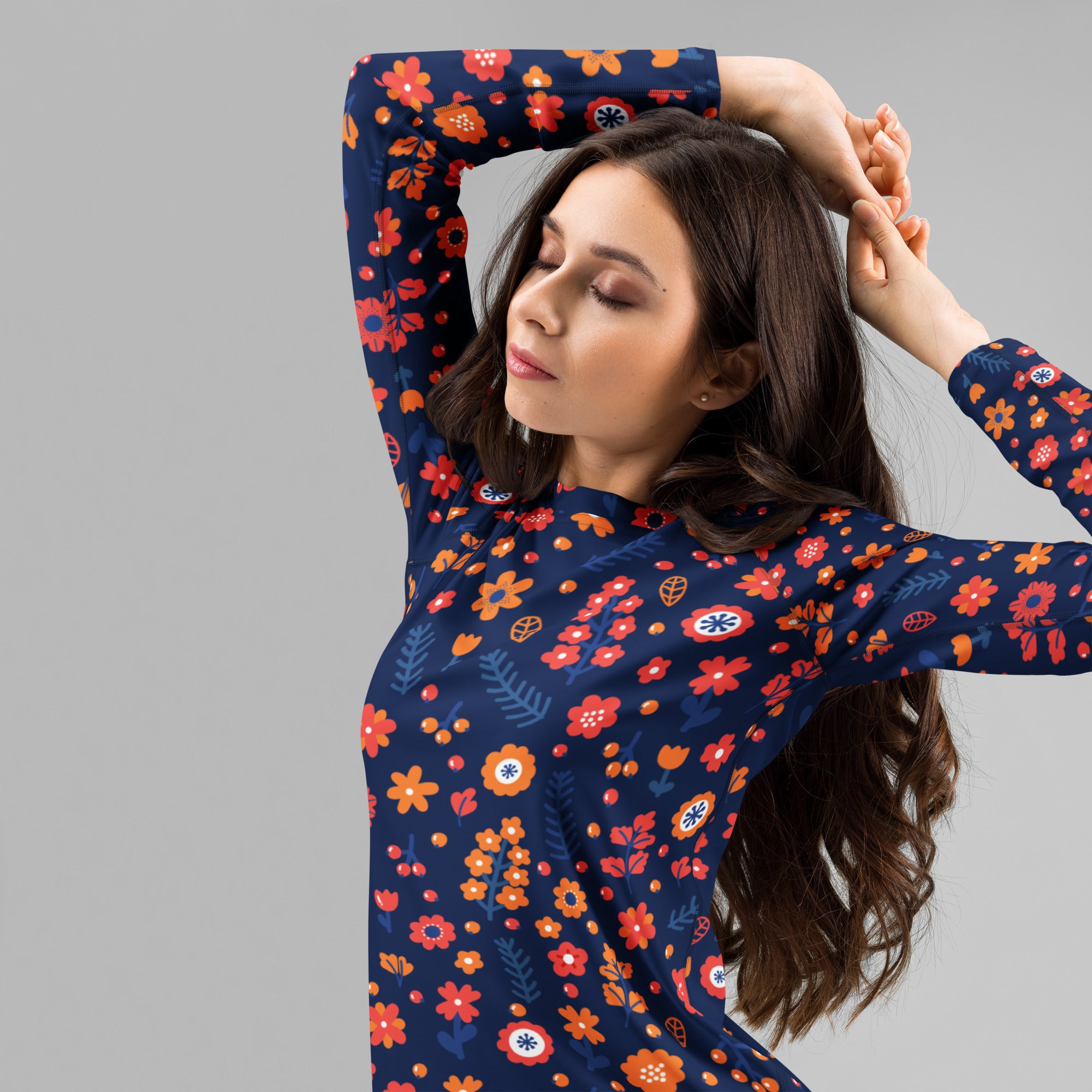 Women's Navy Floral Long Sleeve Rash Guard Swim Shirt – Buttery Soft, Sun Safe UPF 50+ Protection, Quick Dry & 4-Way Stretch Comfort
